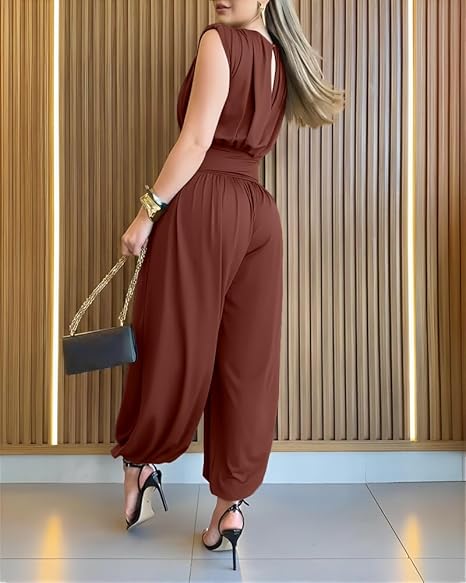 Women’s Sleeveless Jumpsuit Cinched High Waist Balloon Leg Romper