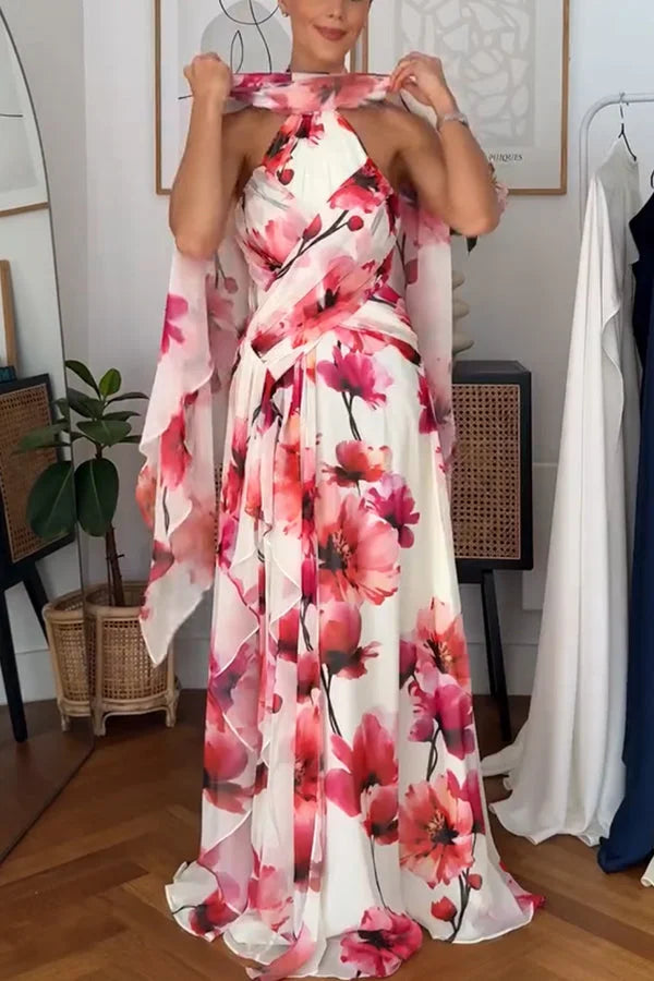 Women¡¯s Maxi Dress with Crinkle Chiffon Ruffle Trim and Cross-Front Halter Neck