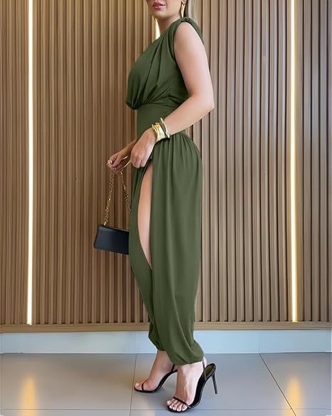 Women’s Sleeveless Jumpsuit Cinched High Waist Balloon Leg Romper
