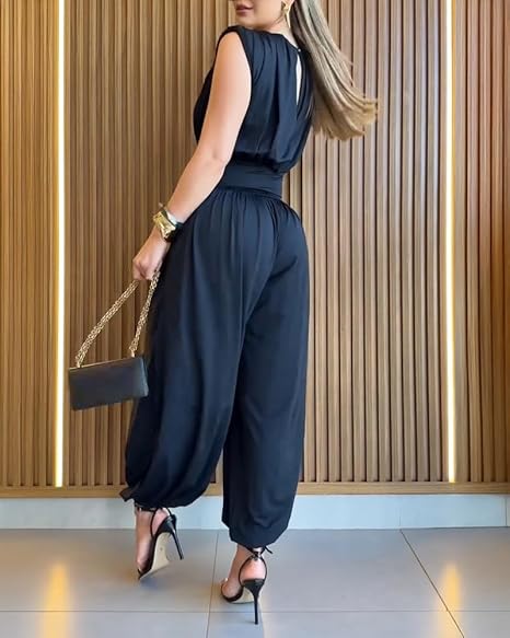 Women’s Sleeveless Jumpsuit Cinched High Waist Balloon Leg Romper