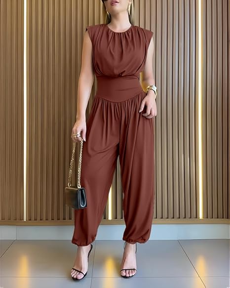 Women’s Sleeveless Jumpsuit Cinched High Waist Balloon Leg Romper