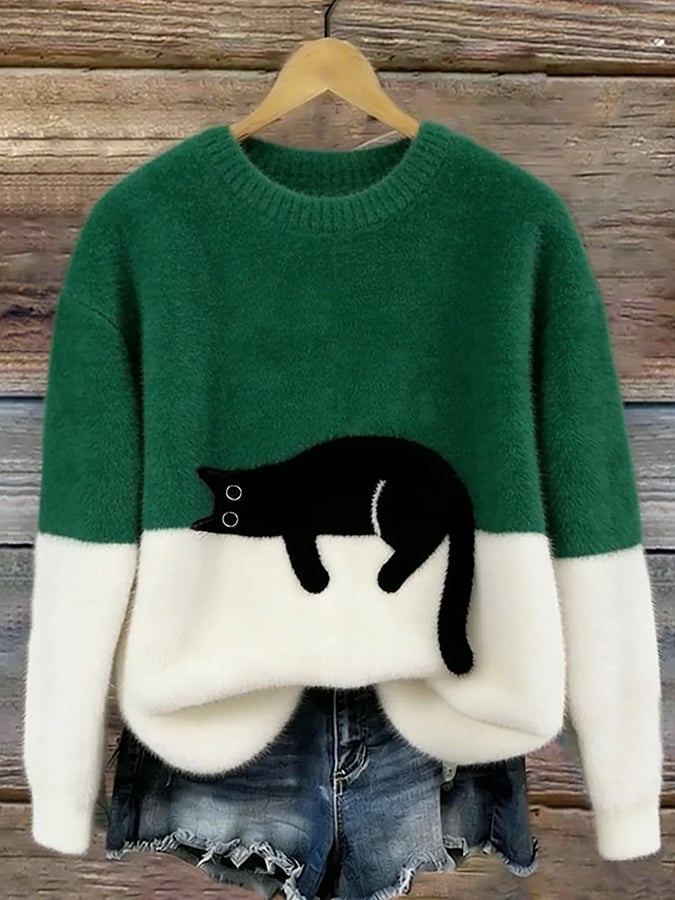 Women's Color-Block Cat Graphic Ribbed Knit Sweater