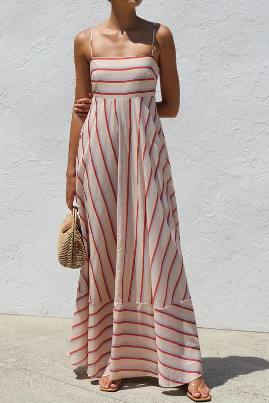 Women’s Striped Maxi Dress with Square Neck and A-Line Silhouette