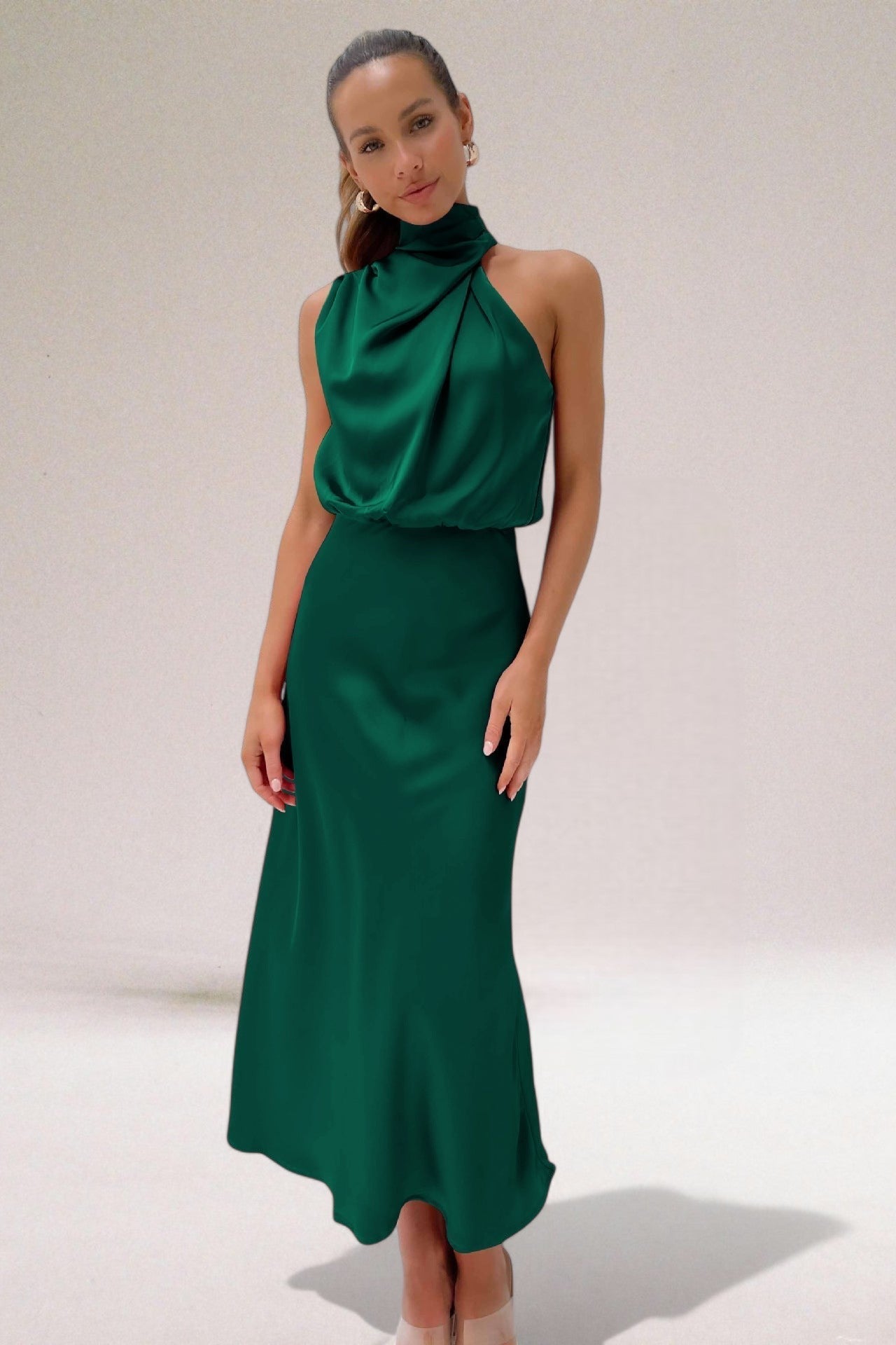 Women’s Halter-neck Maxi Dresses with High Neck and Drape Cowl Bodice