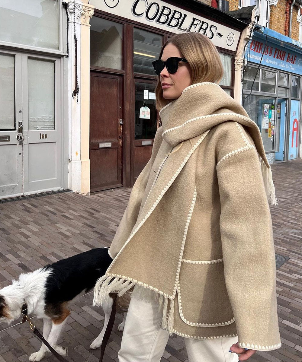 Women's Cape Coat with Contrast Trim and Fringe Detail