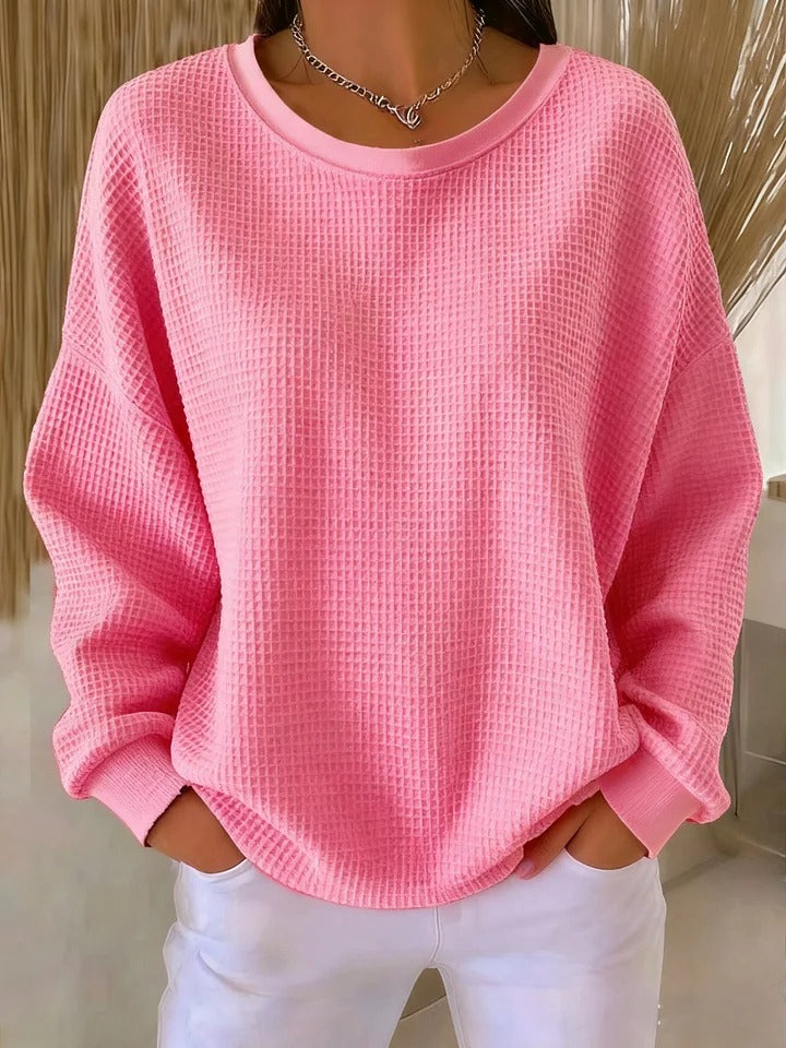 Women's Oversized Waffle Knit Dropped Shoulder Sweater With Ribbed Trim