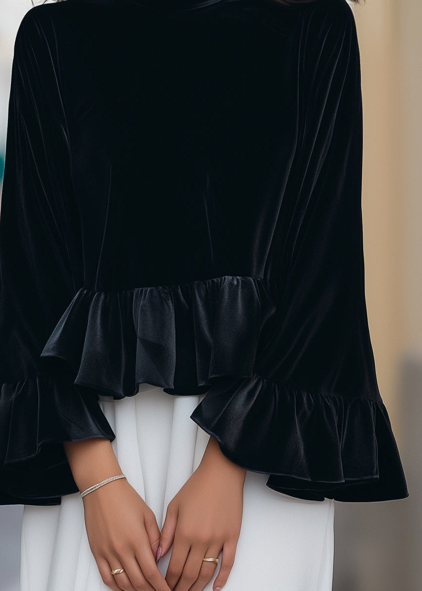 Ceylan Women’s Velvet Ruffle Blouse with Flared Flounce Sleeves