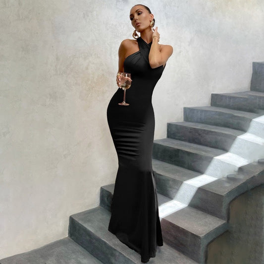 Women’s Fishtail Maxi Dress with Halter Cross Neckline and Open Back Detail
