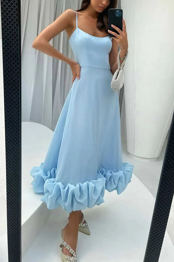 Women’s Flounce Hem Bustier Midi Dress with Tulle Ruffle Skirt