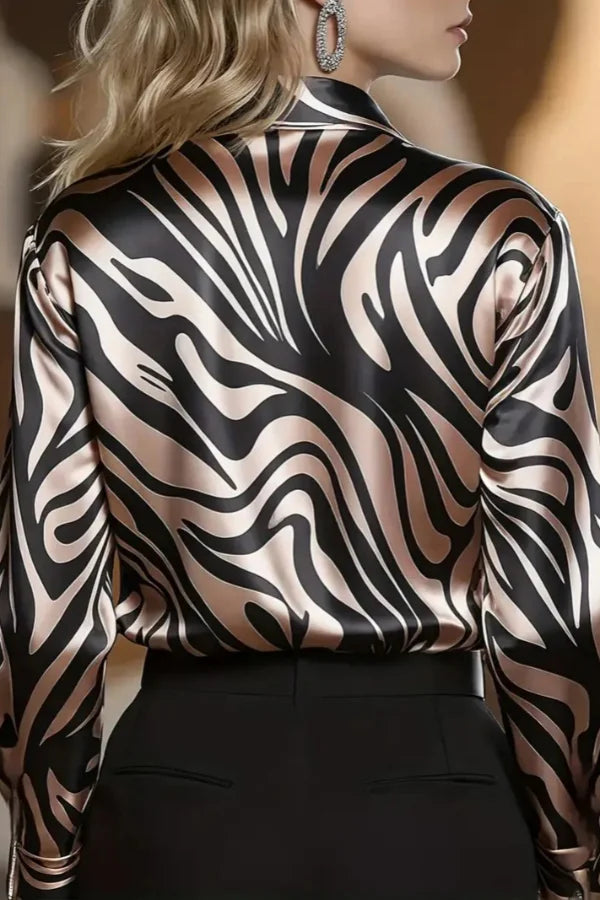 Women's Button Down Shirt with Zebra Print and Satin Liquid Sheen Finish