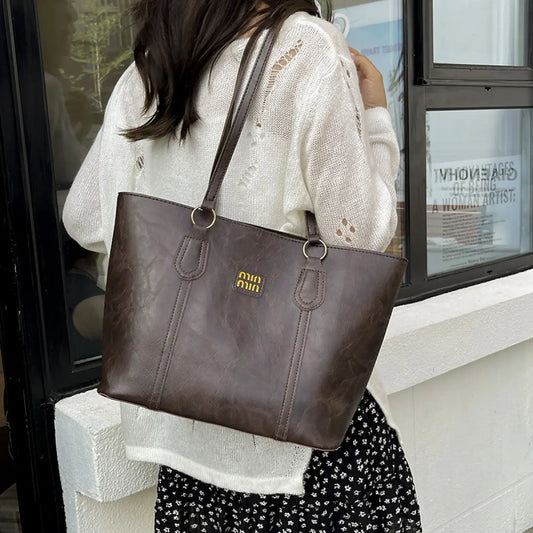 Women’s Tote Bag Large Capacity Vegan Leather Shoulder Purse with Gold Logo