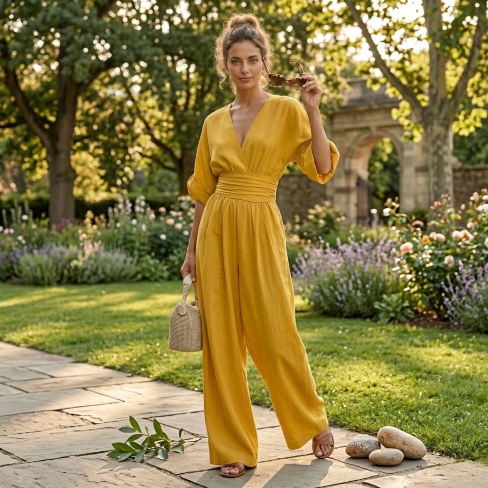 Women's Wide Leg Jumpsuit with Cinched Waist and Deep V-Neck