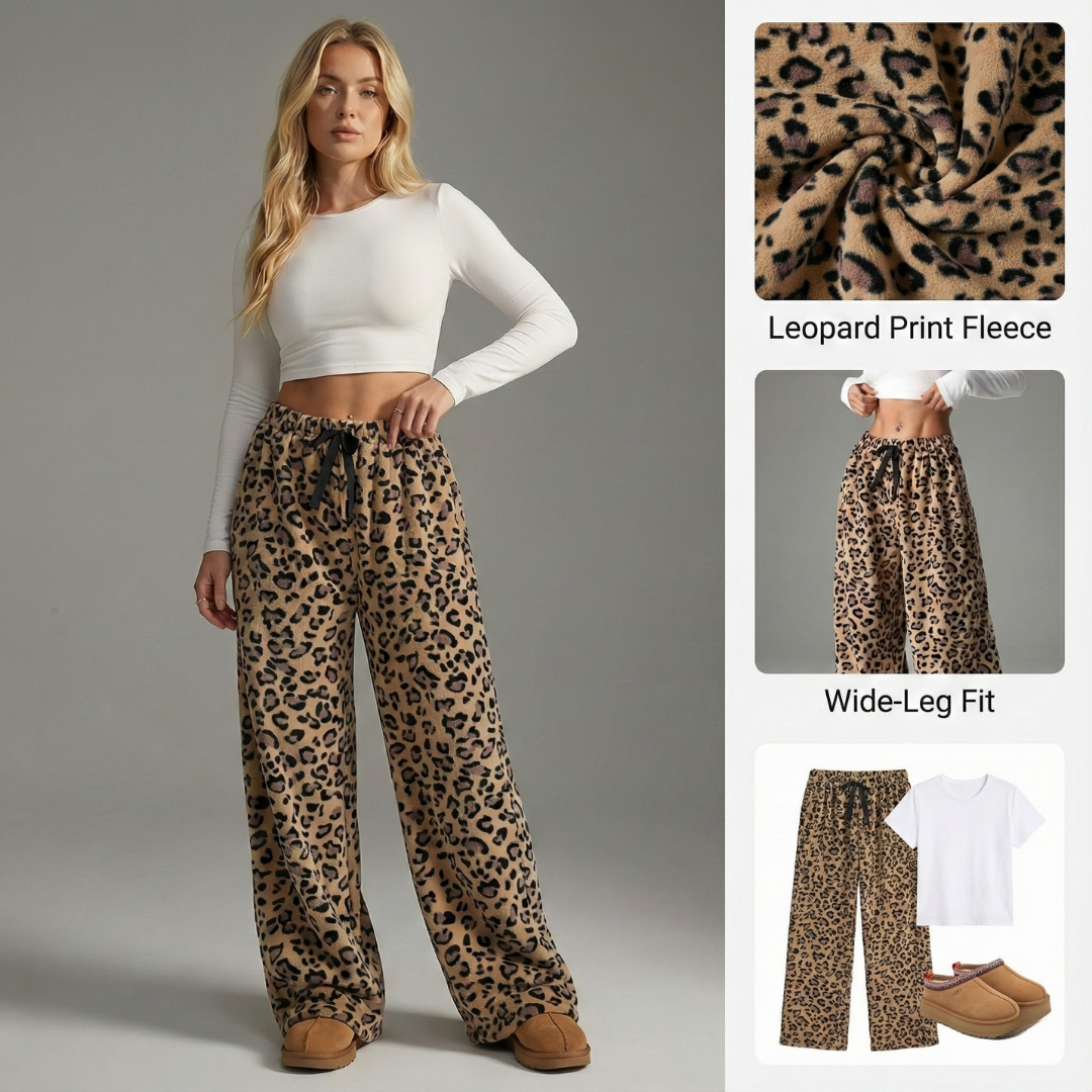 Ceylan Women’s Lounge Pants Wide Leg Fleece Leopard Print