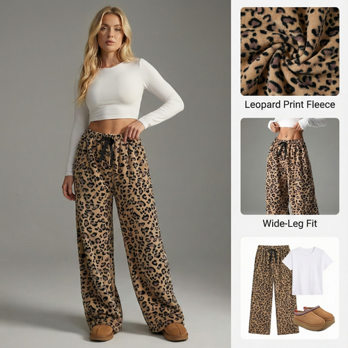 Ceylan Women’s Lounge Pants Wide Leg Fleece Leopard Print