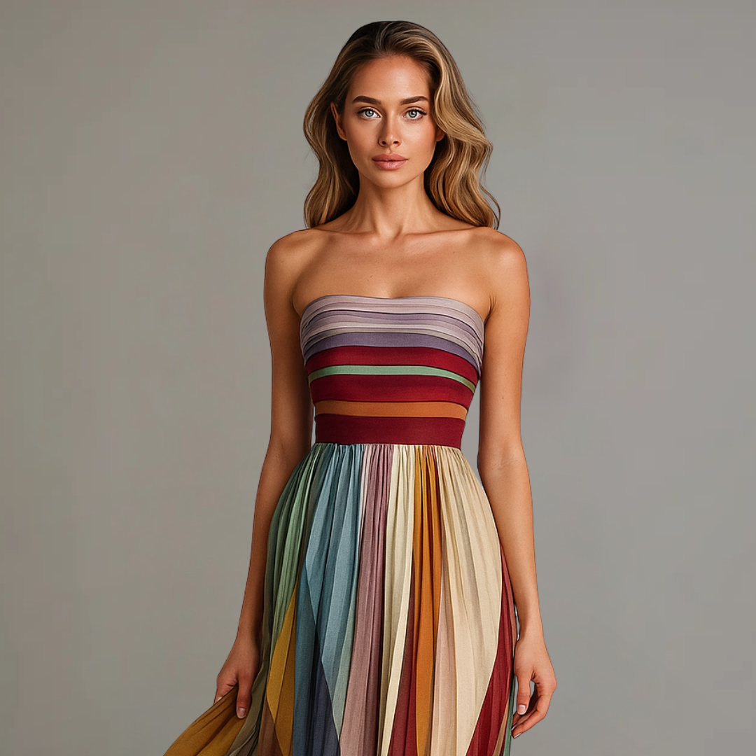 Women¡¯s Strapless Pleated Maxi Dress with Vibrant Vertical Stripe Print and Fitted Bodice