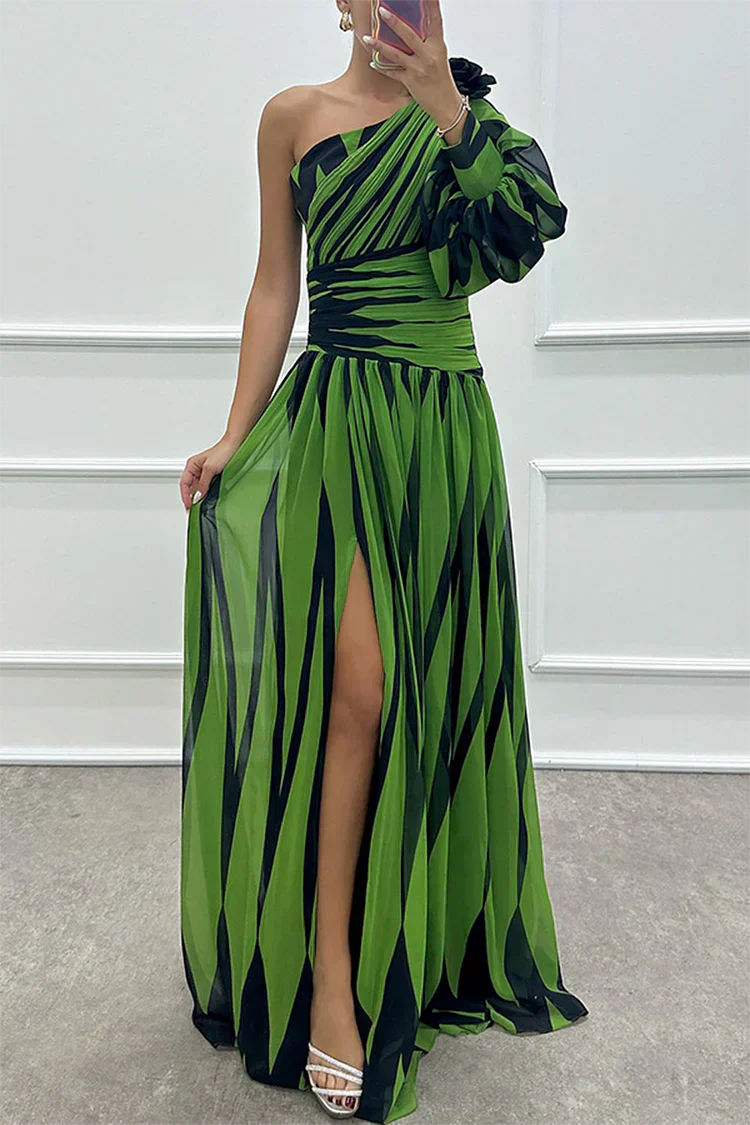 Women’s Maxi Dress with One-Shoulder Bodice and Asymmetric Diamond Pattern