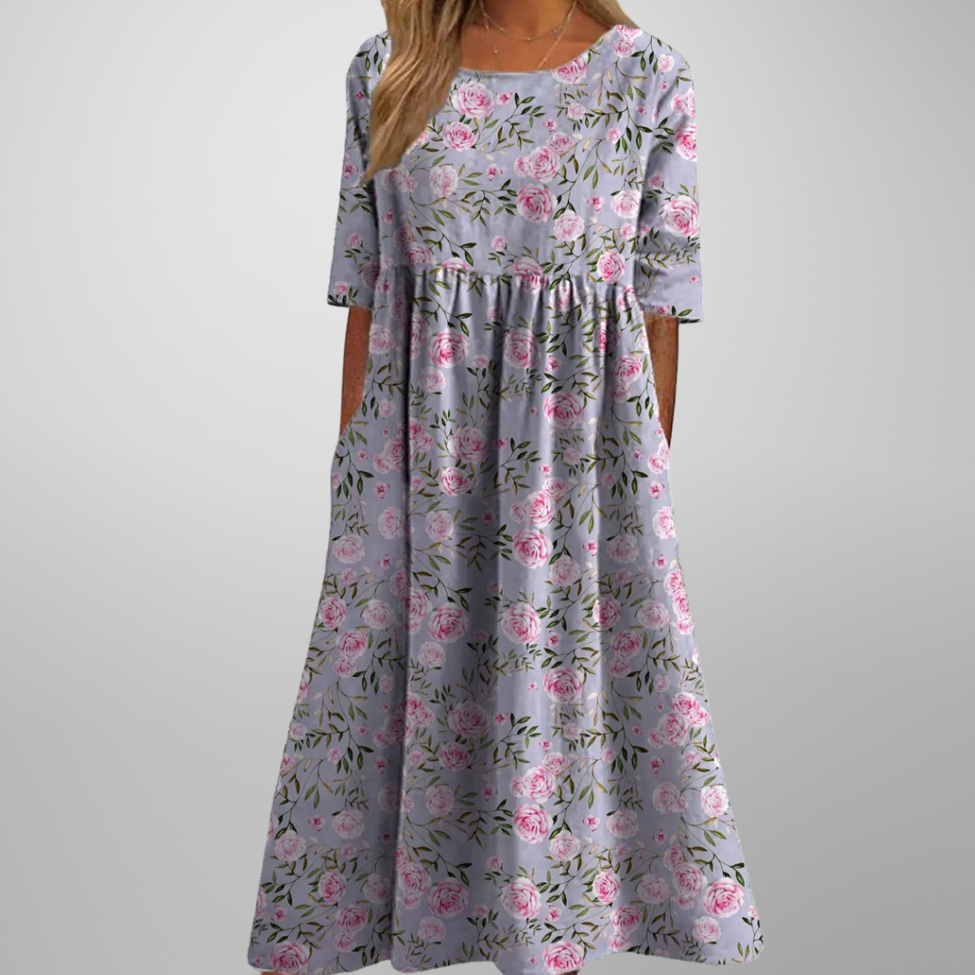 Women’s Midi Dress with Raised Floral Embroidery and Empire Waist Silhouette