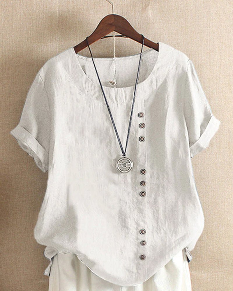 Women’s Casual Top with Crew Neckline and Asymmetric Button Front