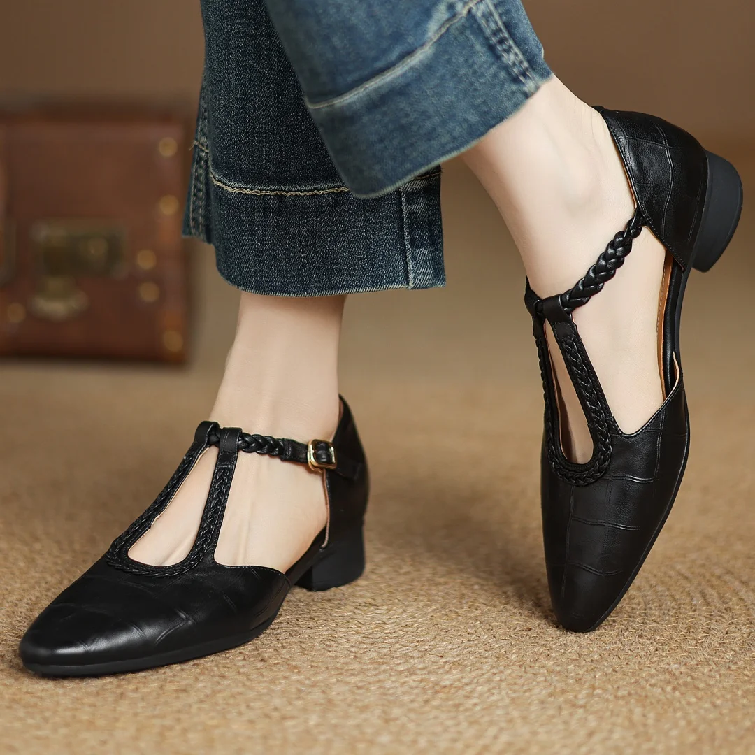 Women’s Mary Jane Flats with Pointed Toe and Braided T-Strap