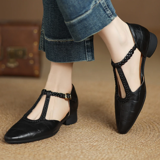 Women’s Mary Jane Flats with Pointed Toe and Braided T-Strap
