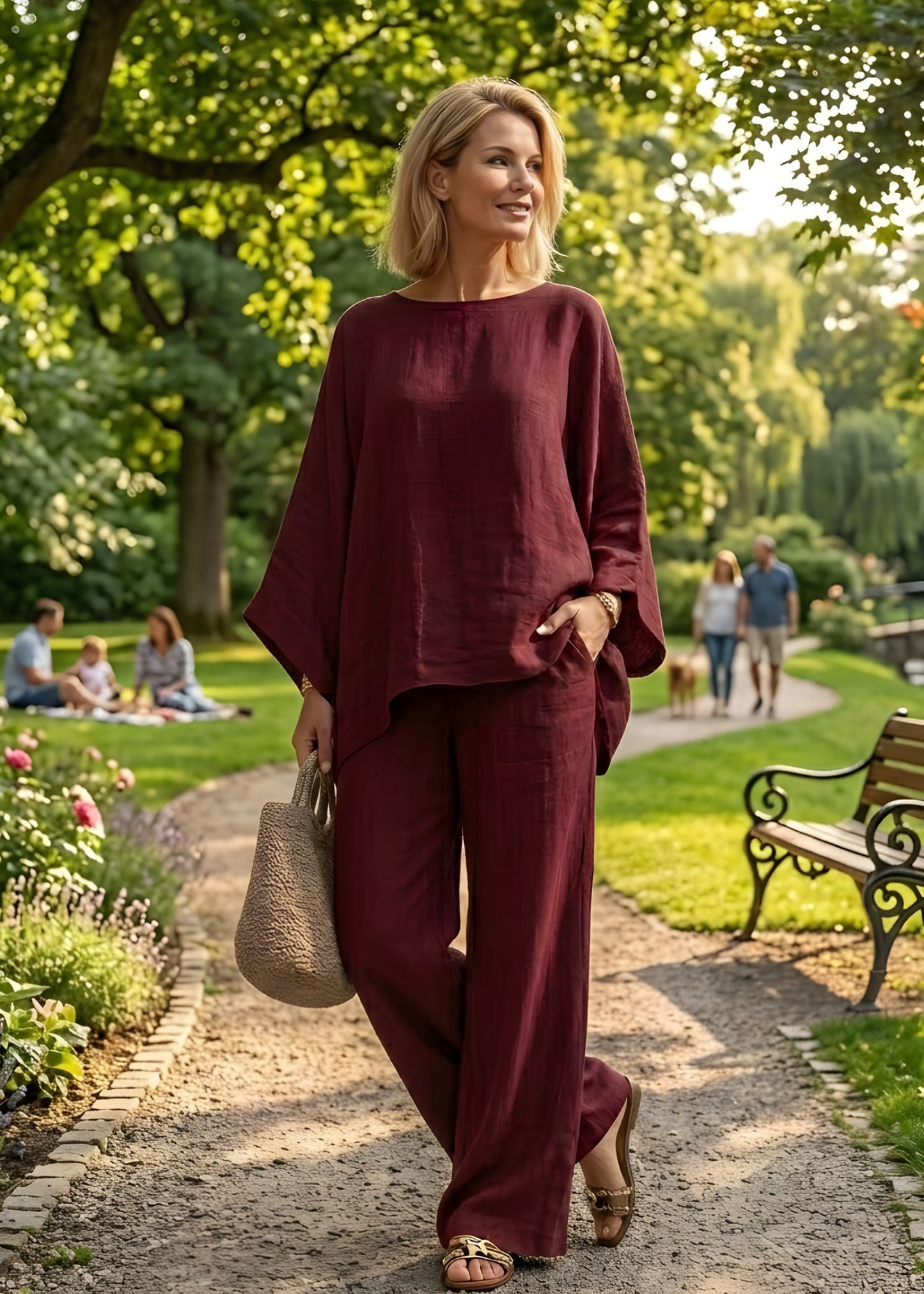 Women'sLinen Two-Piece Set with Cape Style Top and Wide Leg Pants