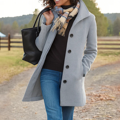 Women's Long Button-Front Winter Coat with Notch Collar