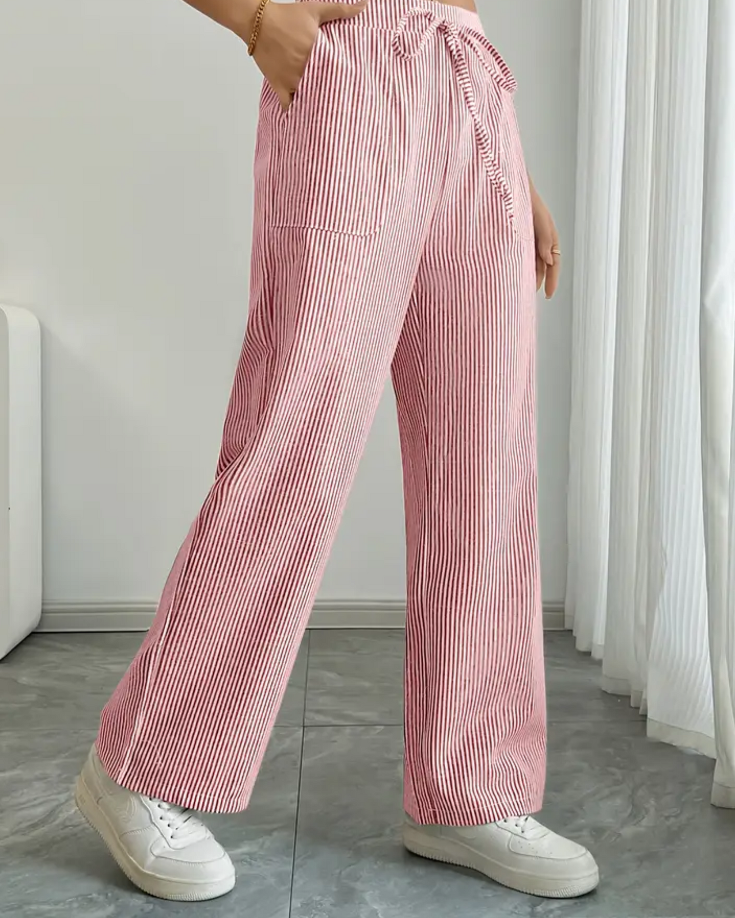 Women’s Linen Striped Pants with Drawstring Waist and Pockets