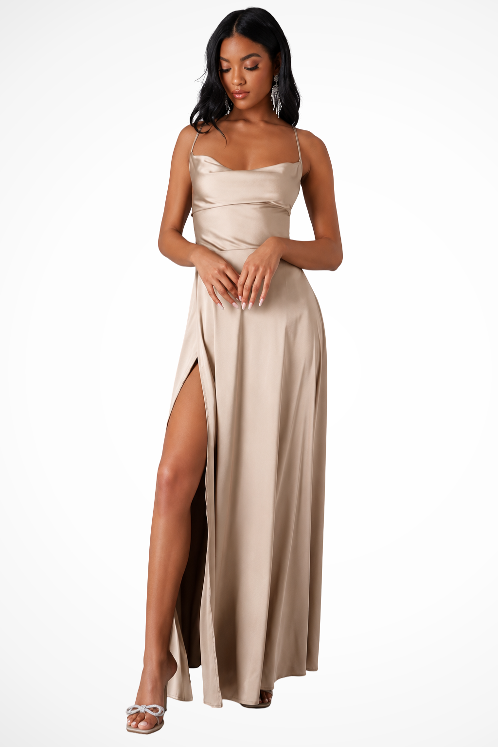 Women's Cowl Neck Side Slit Wedding Guest Satin Maxi Dress