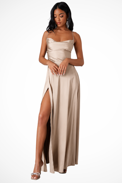 Women's Cowl Neck Side Slit Wedding Guest Satin Maxi Dress