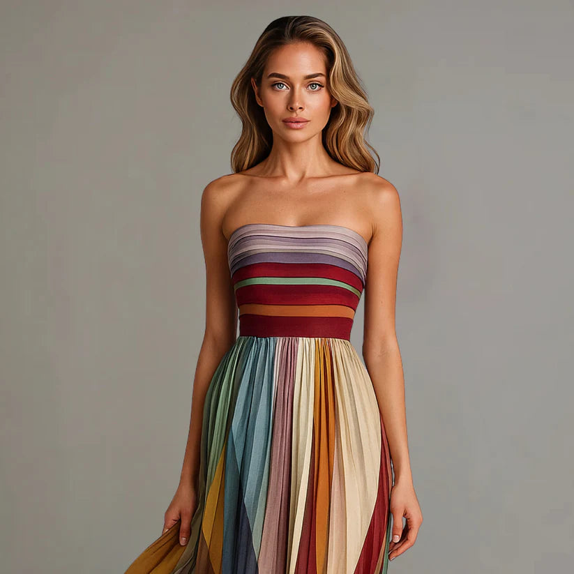 Women’s Maxi Dress with Strapless Bodice and Pleated Colorblock Skirt
