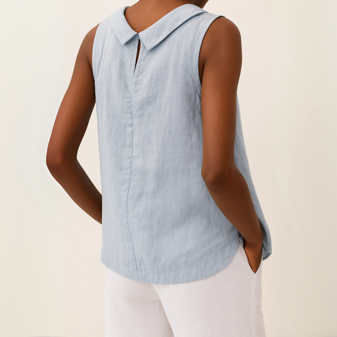 Women’s Sleeveless Linen Shell Top with Elegant Roll Collar and Minimalist Silhouette
