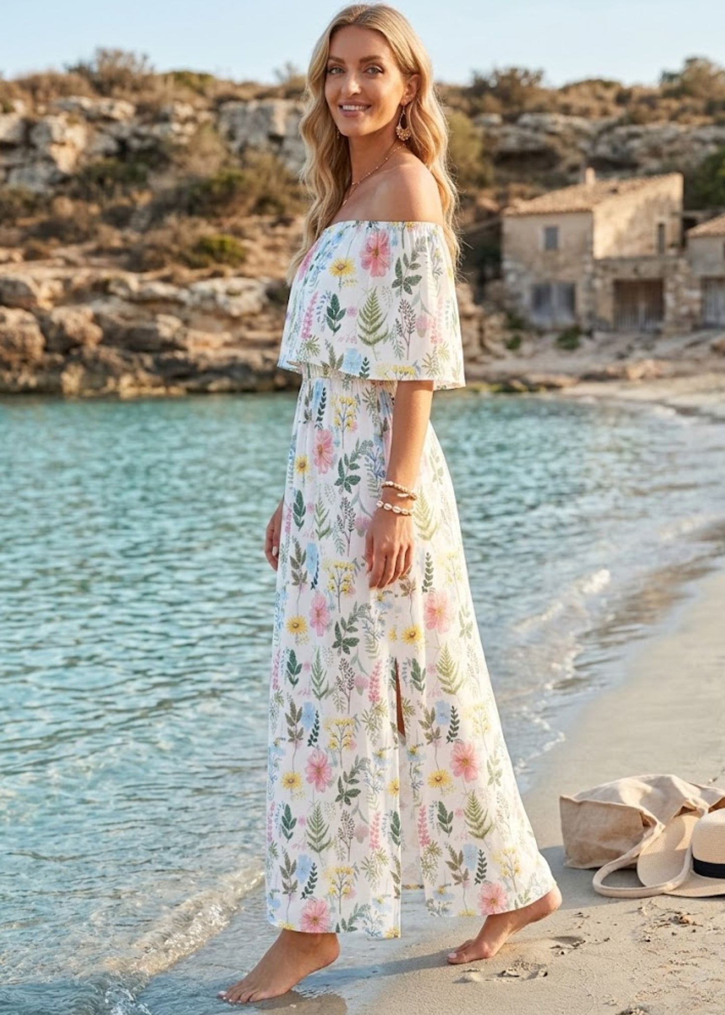 Women’s Off the Shoulder Maxi Dress with Ruffle Overlay and Side Pockets