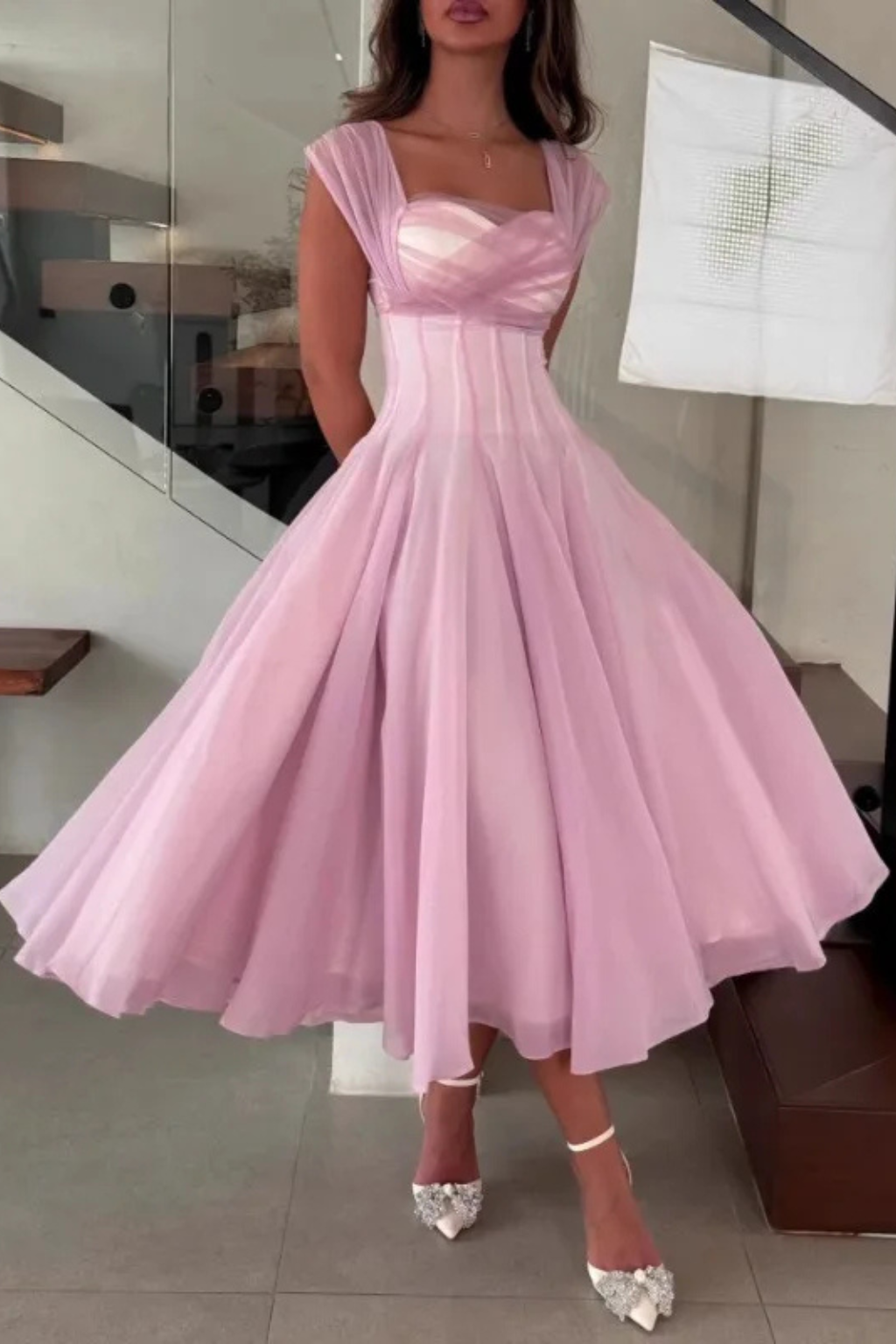 Women’s Midi Dress Sweetheart Corset Bodice Flared Tulle Gown
