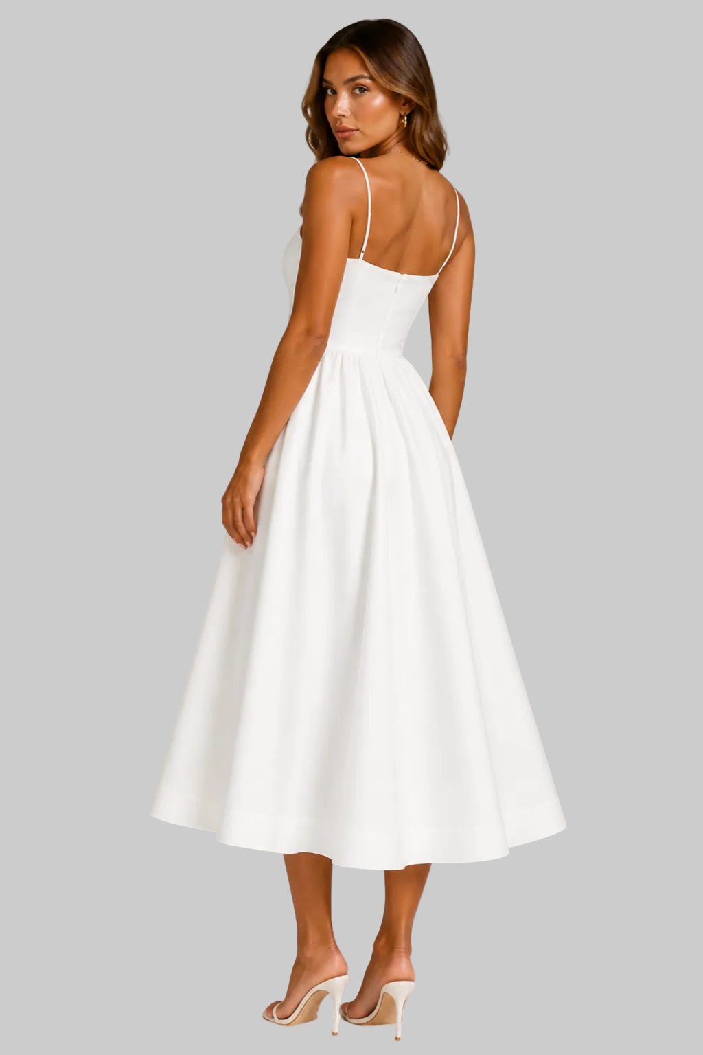 Women’s Midi Dress with Square Neckline and Flared Skirt