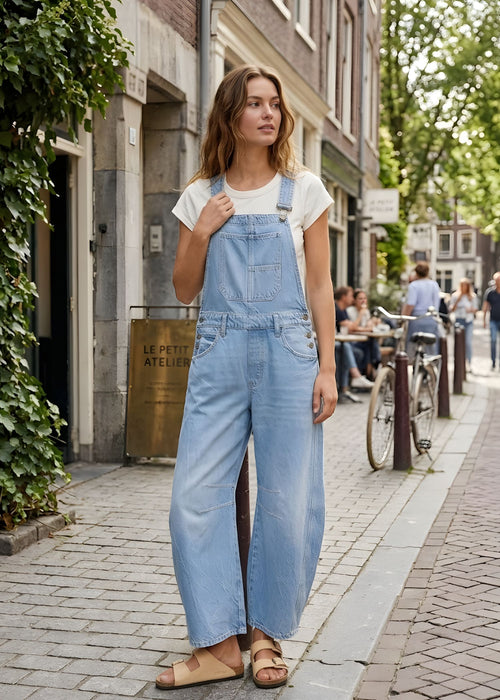 Women’s Wide Leg Barrel Overalls with Relaxed Fit and Utility Pockets