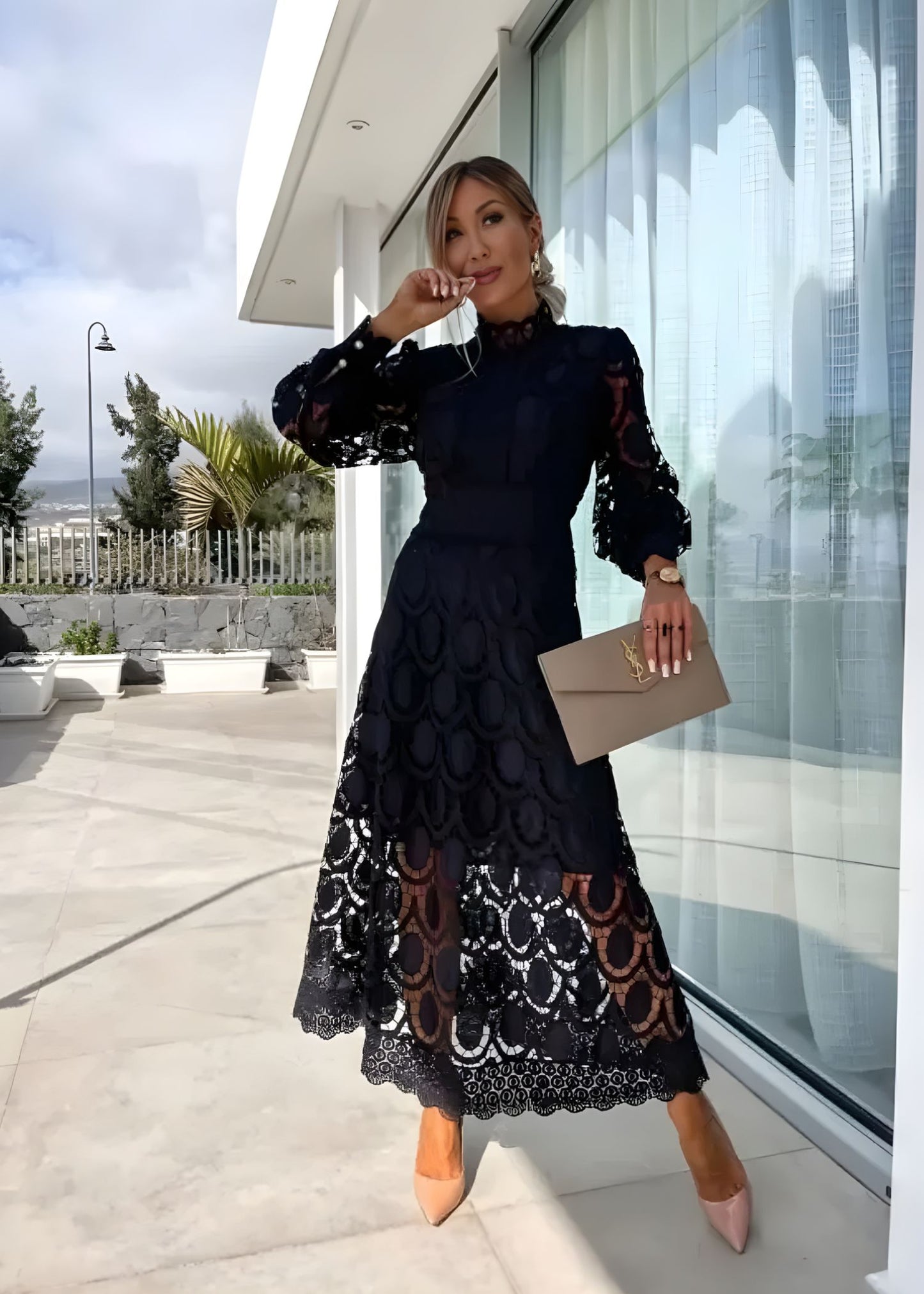 Women's Guilted Lace Maxi Dress with High Neck and Puff Long Sleeves