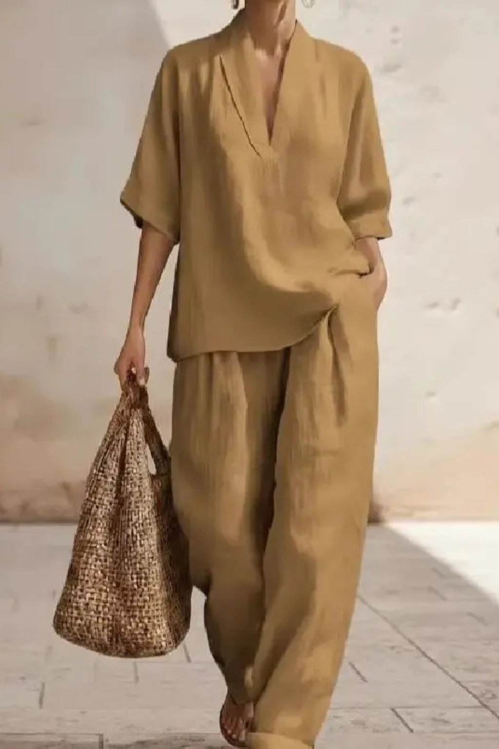 Women’s Linen Co-Ord Set with V-Neck Tunic Top and Wide Leg Trousers