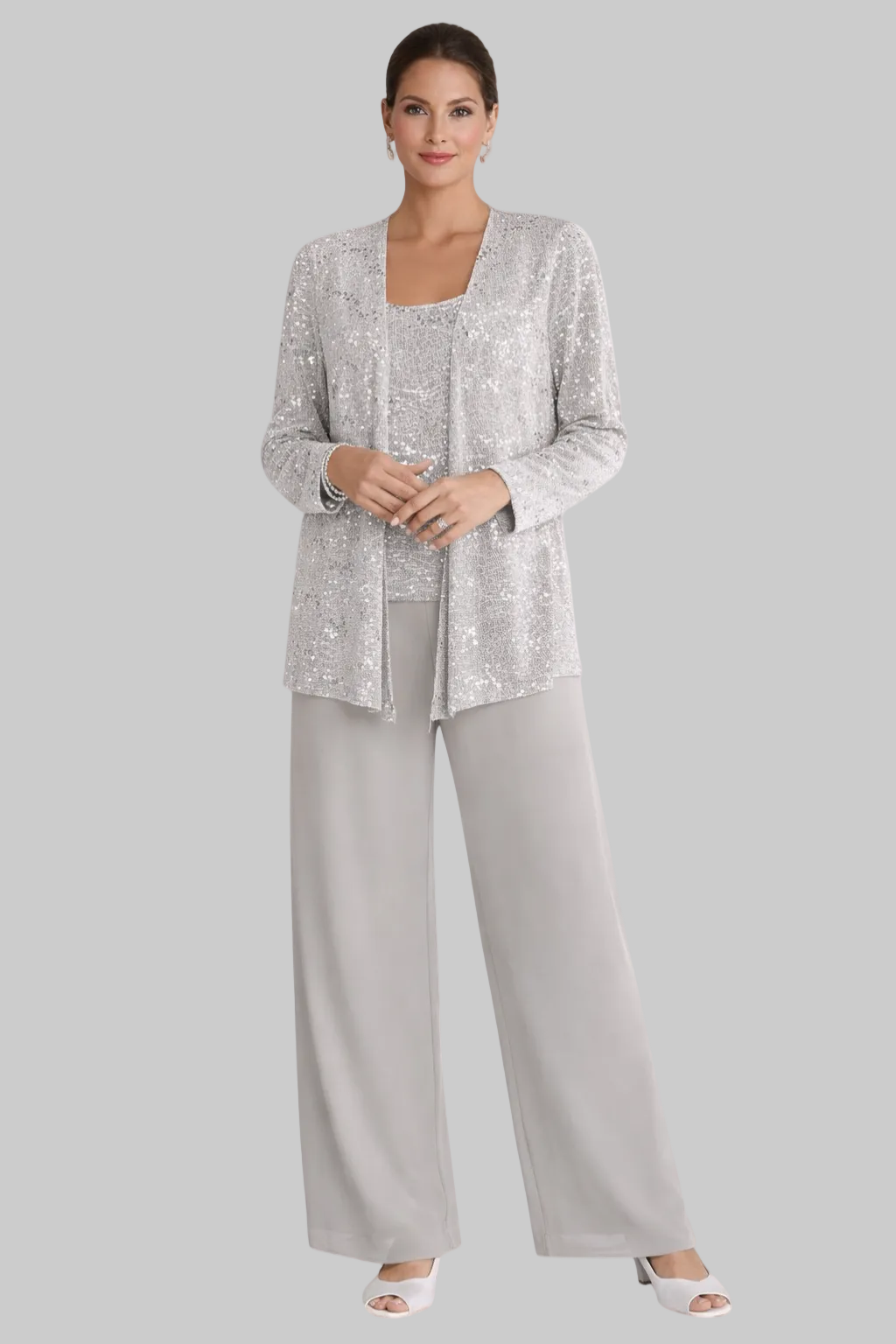 Women’s Three-Piece Pantsuit with Sequin Lace Jacket and Wide-Leg Trousers