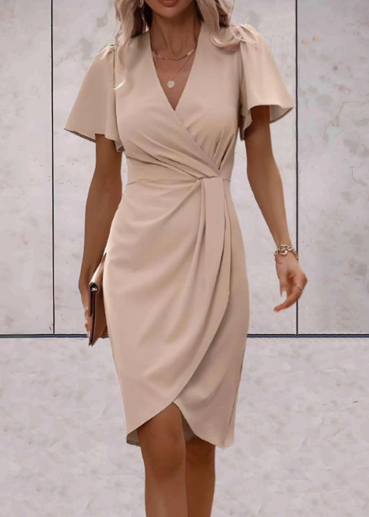 Women’s Wrap Midi Dress with Flutter Sleeves and Ruched Waist Detail