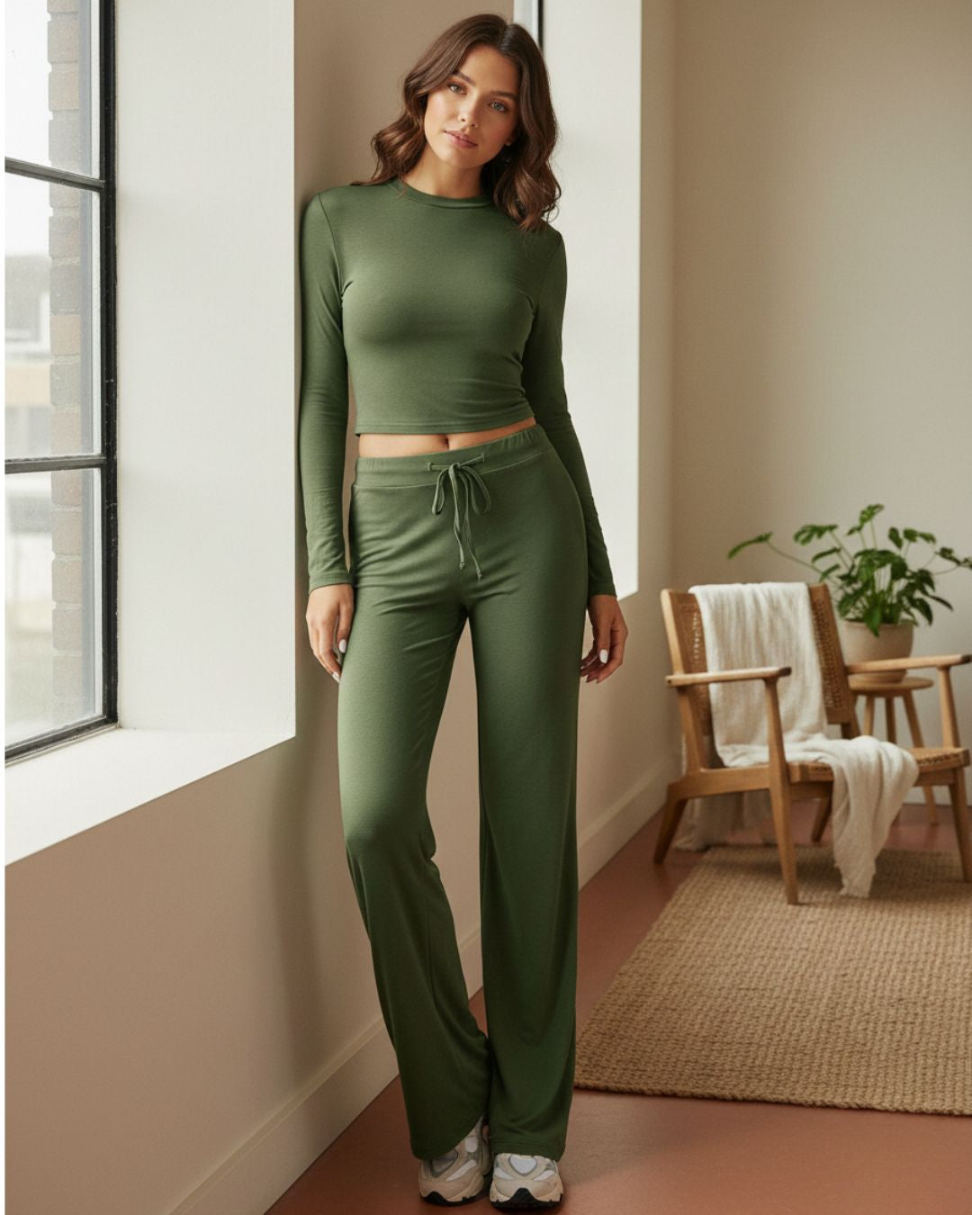 Women’s Two Piece Lounge Set with Wide Leg Drawstring Pants