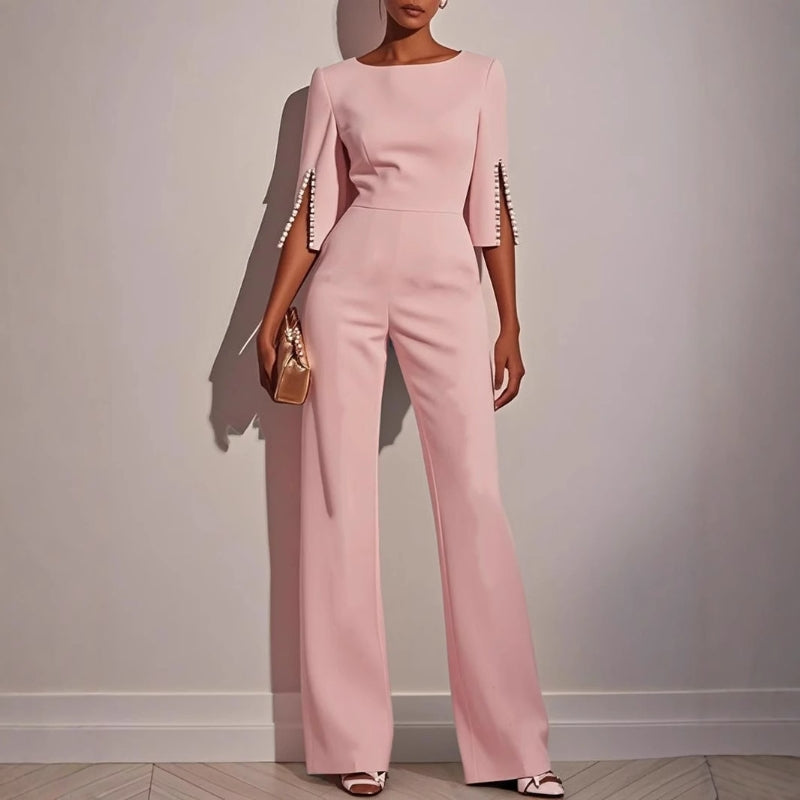Women’s Tailored Wide Leg Jumpsuit with Pearl Embellished Split Sleeves