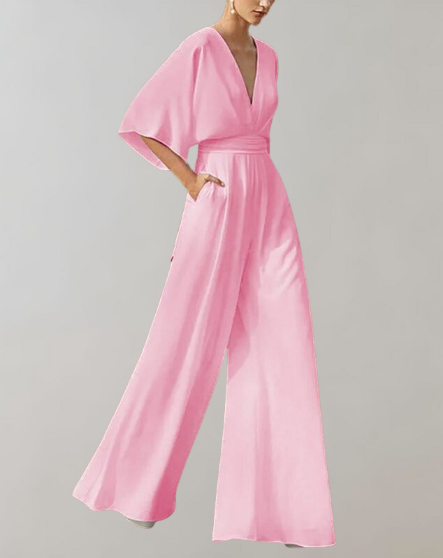 Women¡¯s Wide Leg Jumpsuit with Deep V-Neck and Flutter Kimono Sleeves