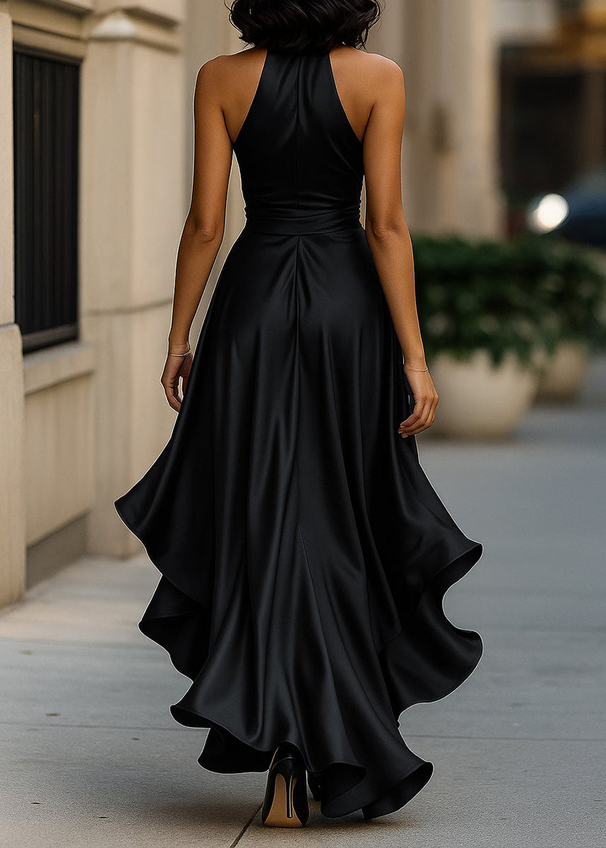 Ceylan Women’s Satin Halter Neck Gown with Asymmetric Ruffles