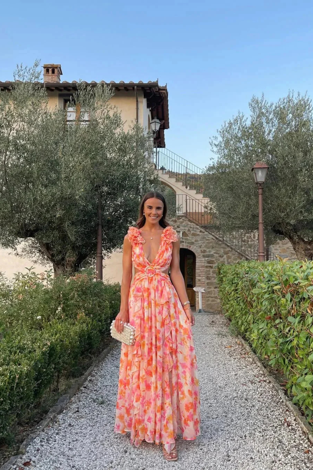 Women's V Neck Floral Ruffle Wedding Guest Maxi Dress