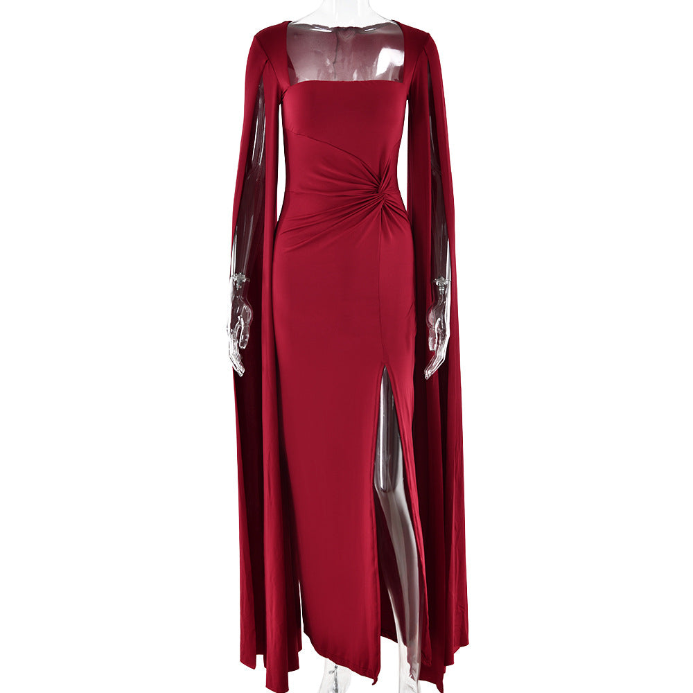 Women’s Square Neck Maxi Dress with Cape Sleeves and High Side Slit