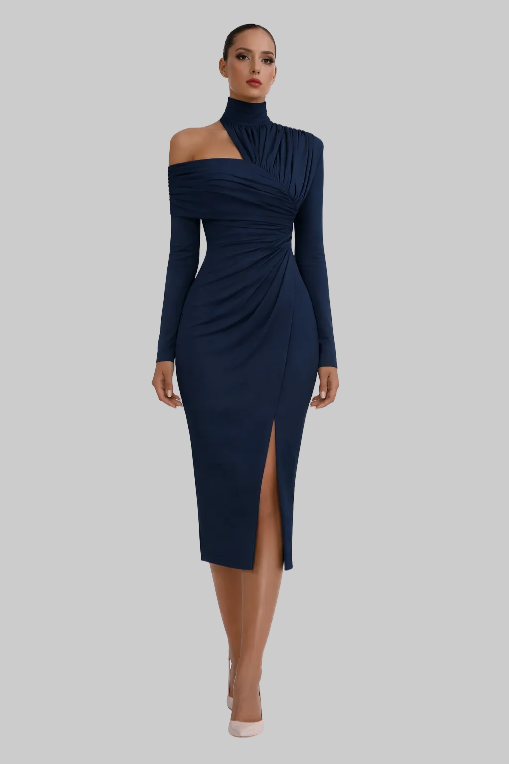 Women’s Midi Dress with High Mock Neckline and Asymmetric One-Shoulder Drape