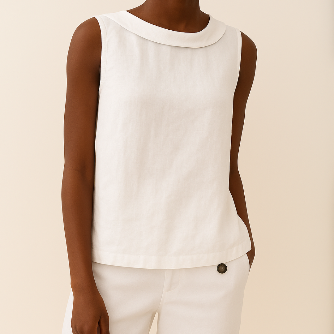 Women’s Sleeveless Linen Shell Top with Elegant Roll Collar and Minimalist Silhouette