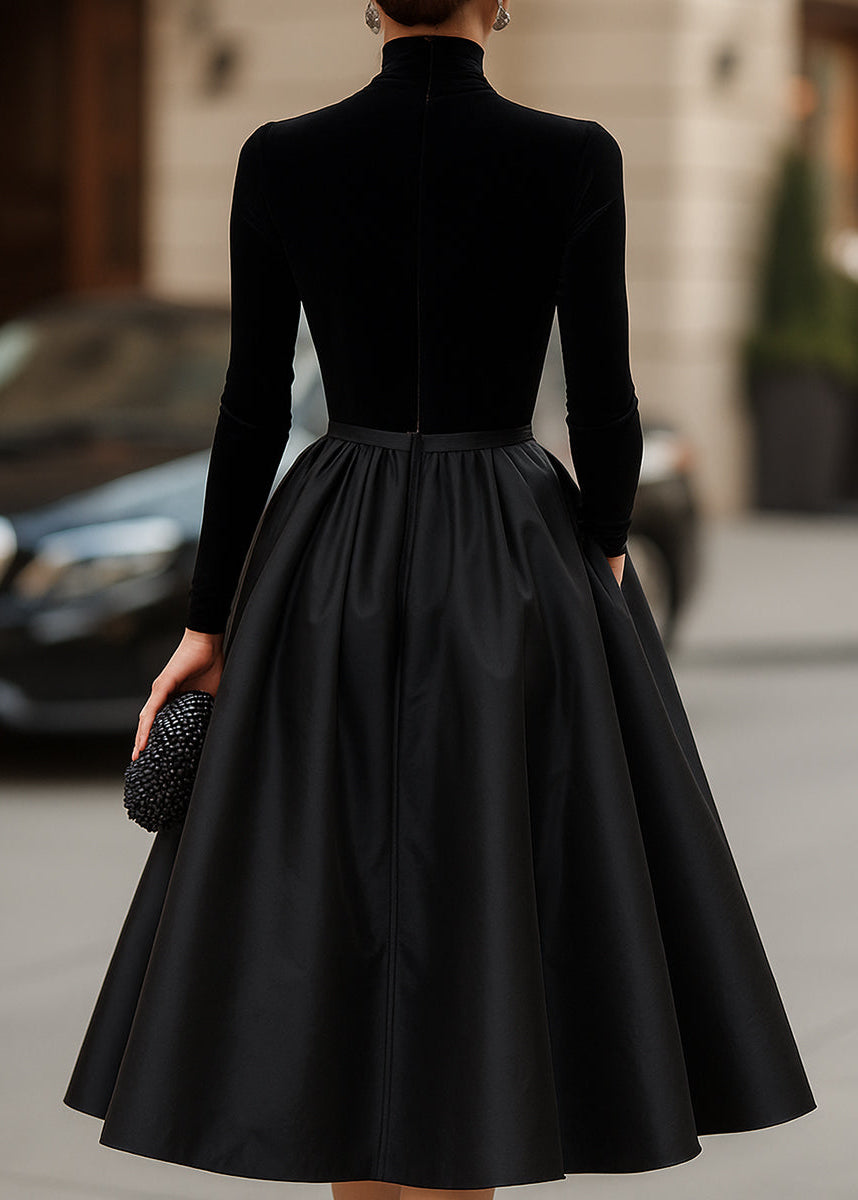 Ceylan Women’s Long Sleeve Velvet Midi Dress with Satin Skirt