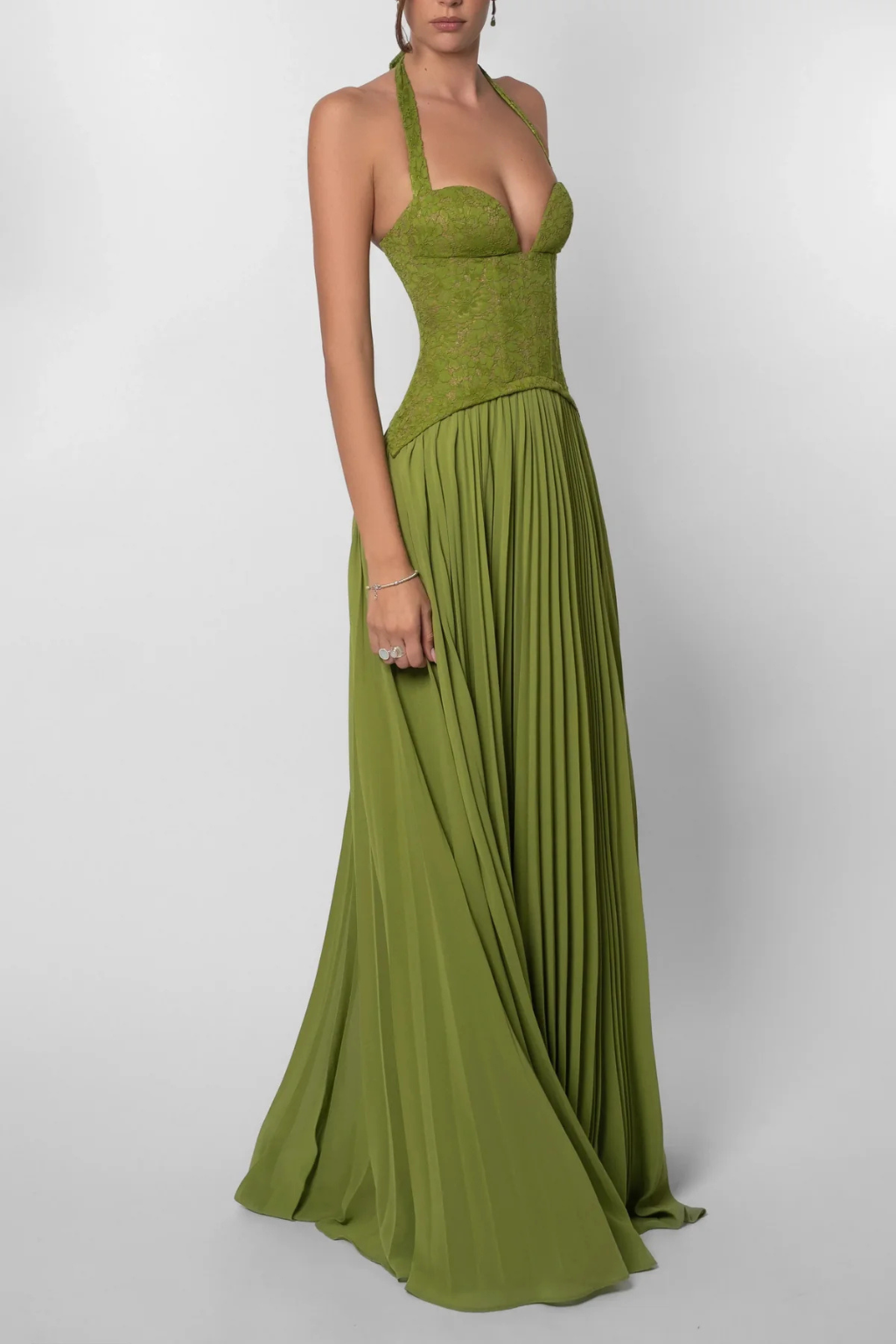 Women Halter Lace Corset Pleated Green Wedding Guest Maxi Dress