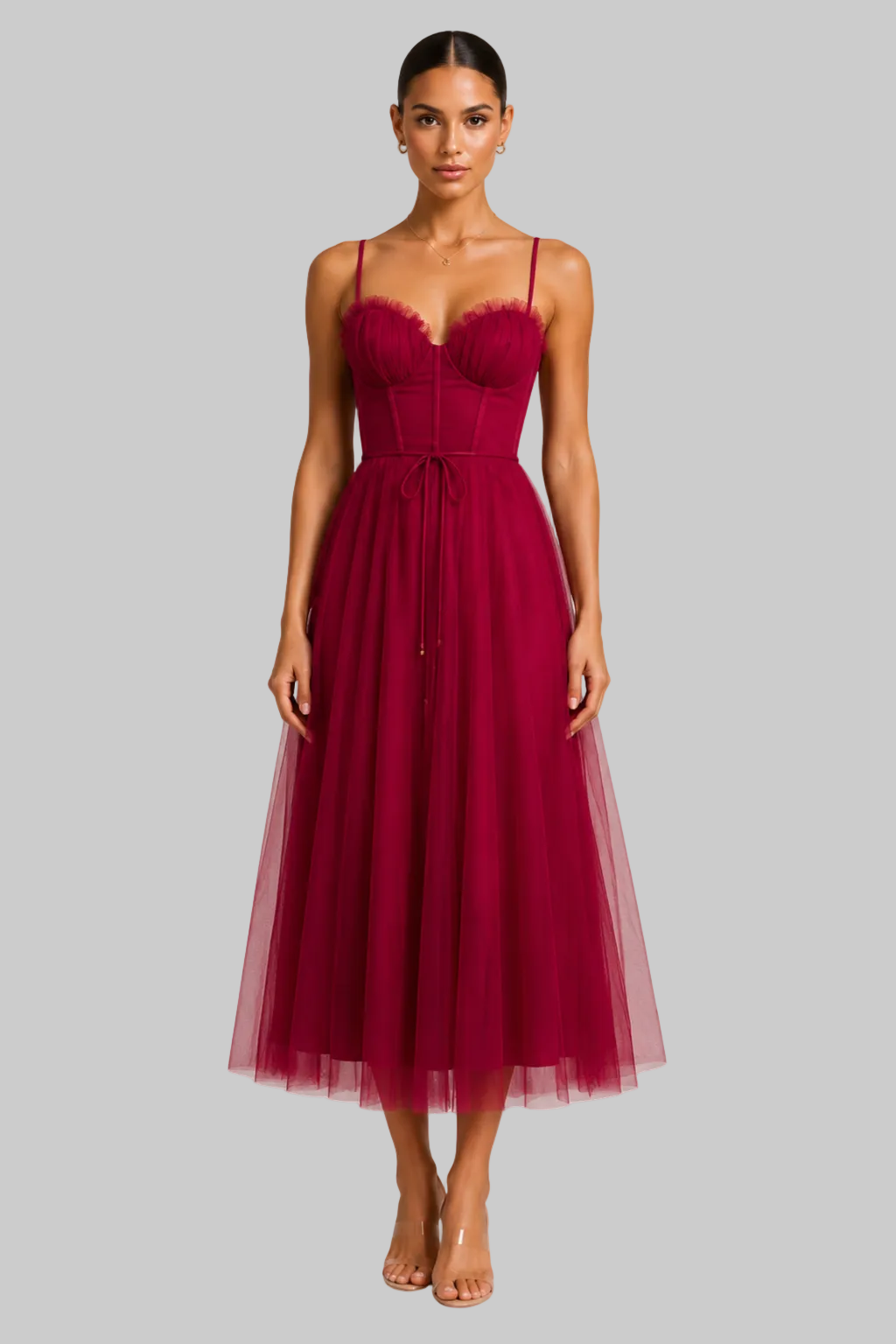 Women’s Midi Dress Corset Bodice Pleated Tulle Skirt